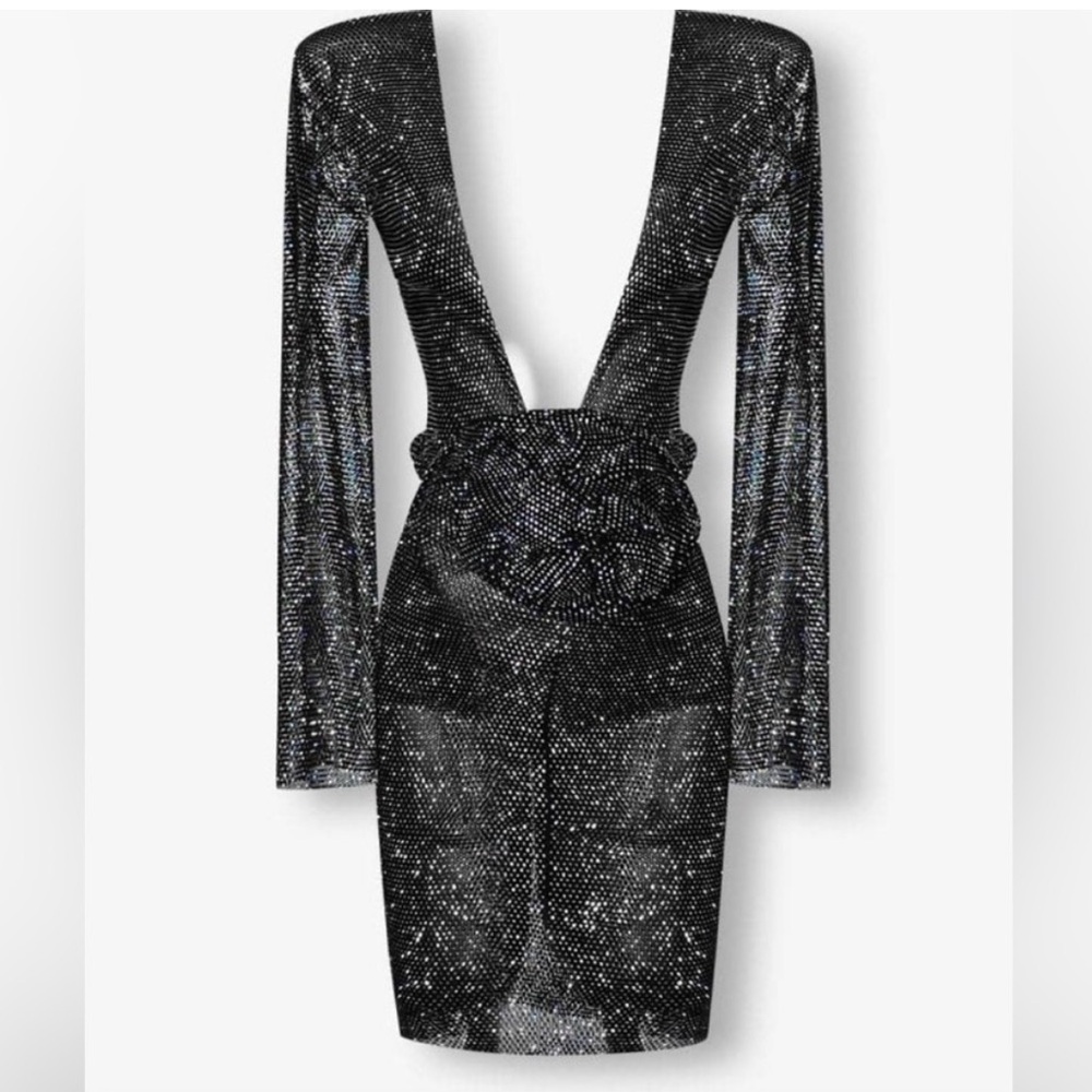 BRAND NEW HEIRESS BLACK CRYSTAL METAL MESH
LARGE FLOWER EMBELLISHED MIDI DRESS